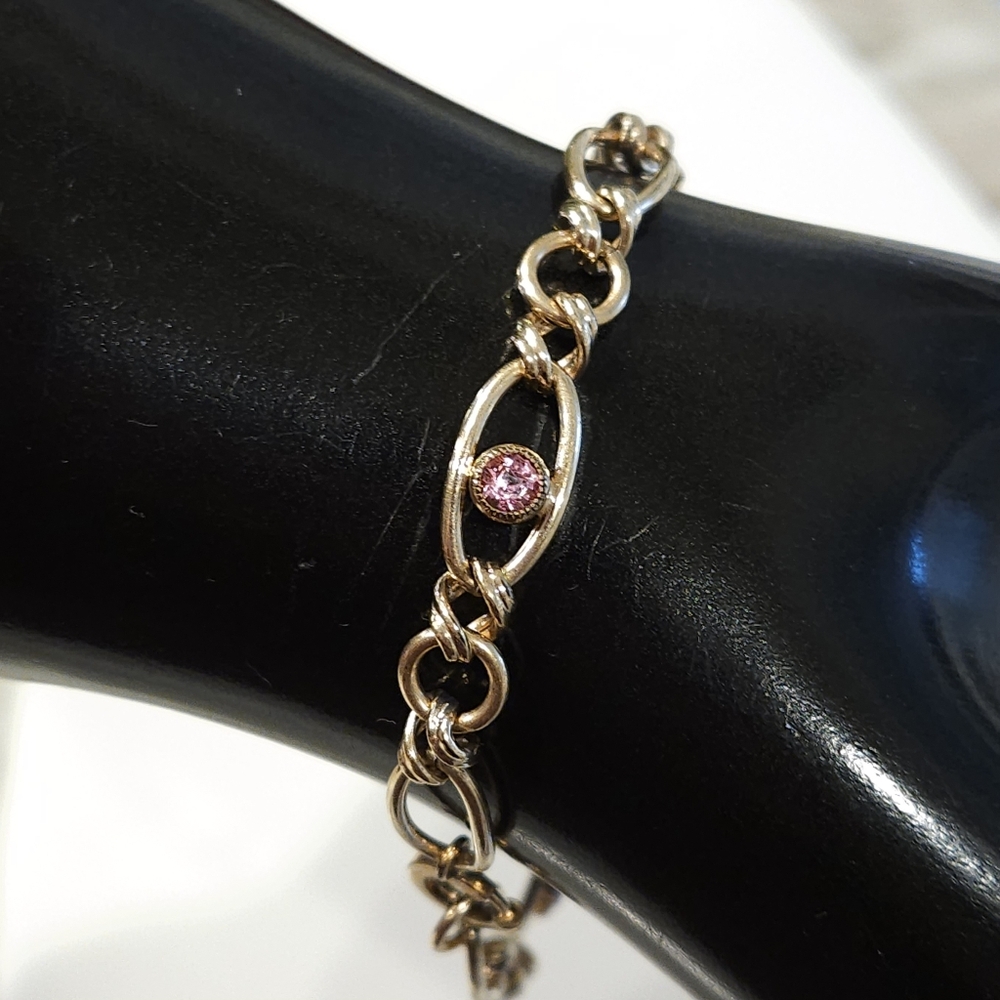 Vintage Gold Bracelet 12K Gold Filled Chain Pink Crystal Bracelet